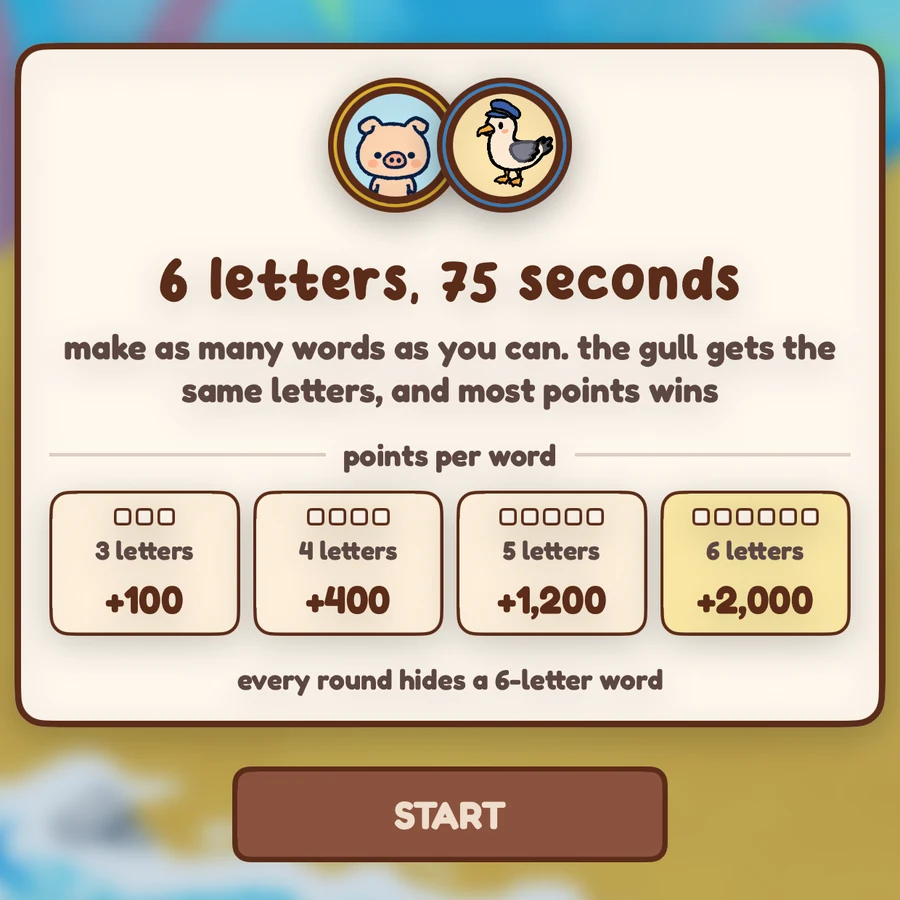 the anagrams start card with points per word