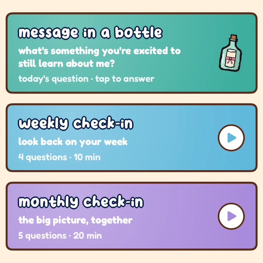 message in a bottle, weekly and monthly check-ins