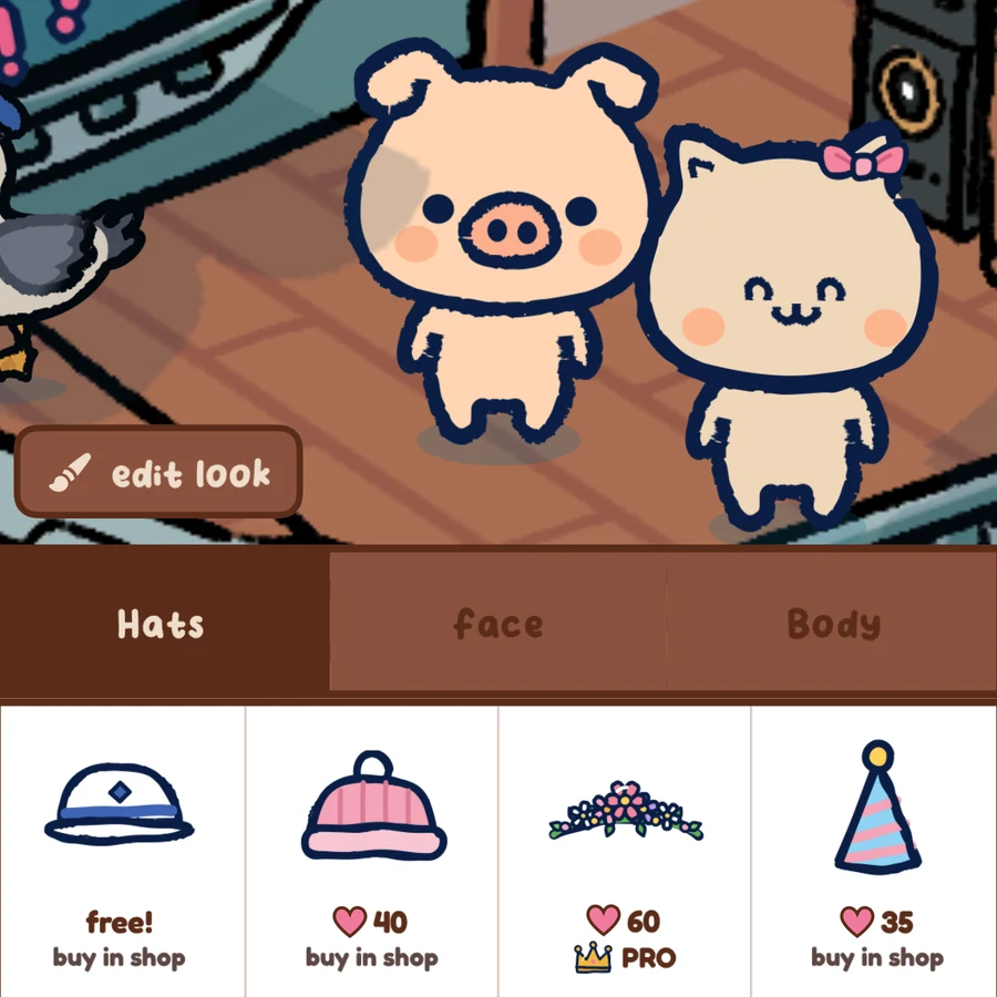 the pig and cat in the wardrobe with hats
